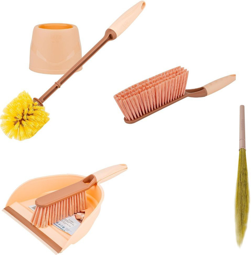 WONDRA House Warming Essential Kit Pack of 4 Broom, Toilet Brush, Cleaning Brush, Dustpan