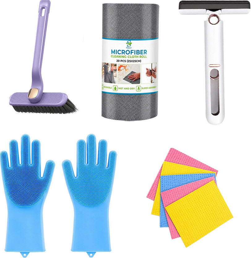 ORIDOR All-in-One Home Cleaning Kit with Gloves, Microfibre Roll, Brush and Cloth Set Glove, Cleaning Brush, Cleaning Cloth, Kitchen Wiper