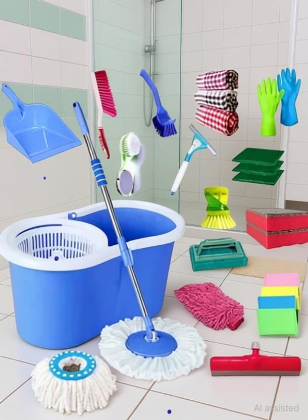 GTE Spin Mop Mop Floor Cleaner with Bucket Set Offer for Best 360 Degree Easy Magic Cleaning bucket mop set with combo Mop, Glove, Duster, Cleaning Cloth, Cleaning Wipe, Toilet Brush, Cleaning Brush, Broom, Scrub Pad, Dustpan, Mop Set, Kitchen Wiper, Mop Refill, Bucket
