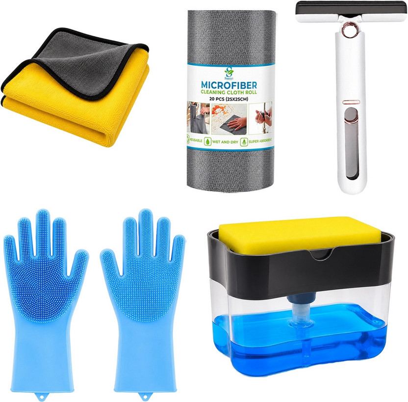 ORIDOR All-in-One Home Cleaning Kit with Gloves, Microfibre Roll, Brush and Cloth Set Glove, Kitchen Wiper, Scrub Pad, Cleaning Cloth