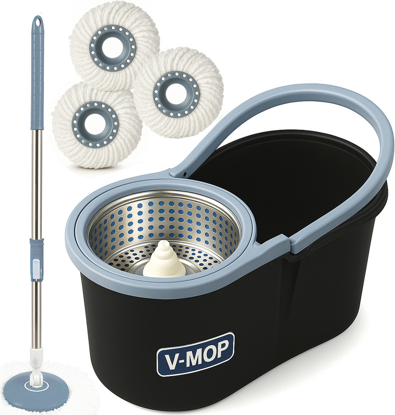 V-MOP Premium Classic Black Bucket Floor Cleaning Mop - AD03 - Mop Set, Mop, Cleaning Wipe, Bucket