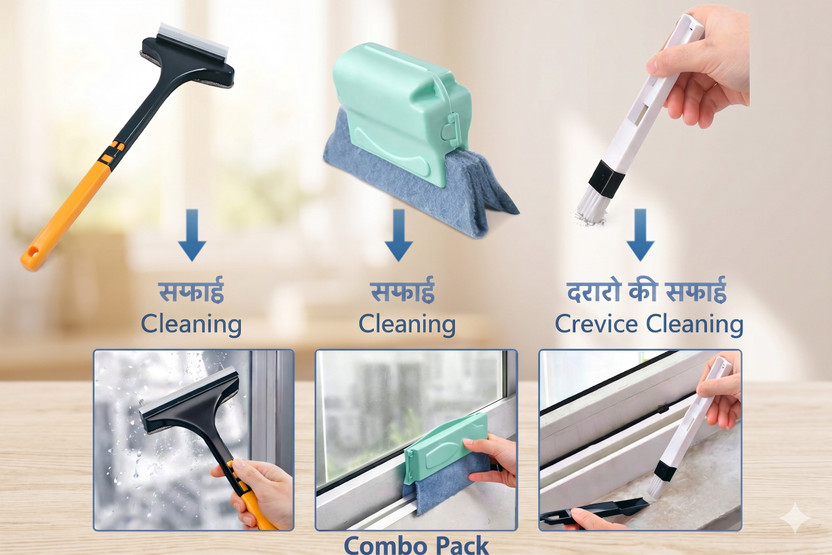 SHRIWAT 3-in-1 Window Net Cleaner Double Sided Mesh Brush & Track Groove Cleaning Tool Scrub Pad, Kitchen Wiper, Dustpan, Cleaning Wipe, Cleaning Brush