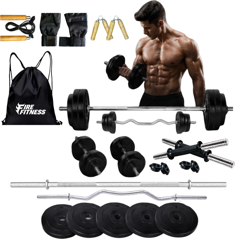 FIRE FITNESS 10 kg Gym Combo Set with Barbell Dumbbell PVC Weight Plates Gym set Home Gym Combo