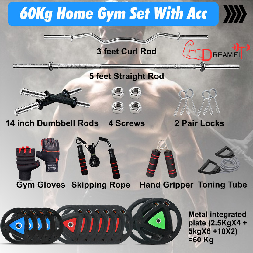 DreamFit 60 kg Rubber Coated Metal Integrated Plates,23mm3ft curl,5ft straight&dumbbel rods&acc Home Gym Combo