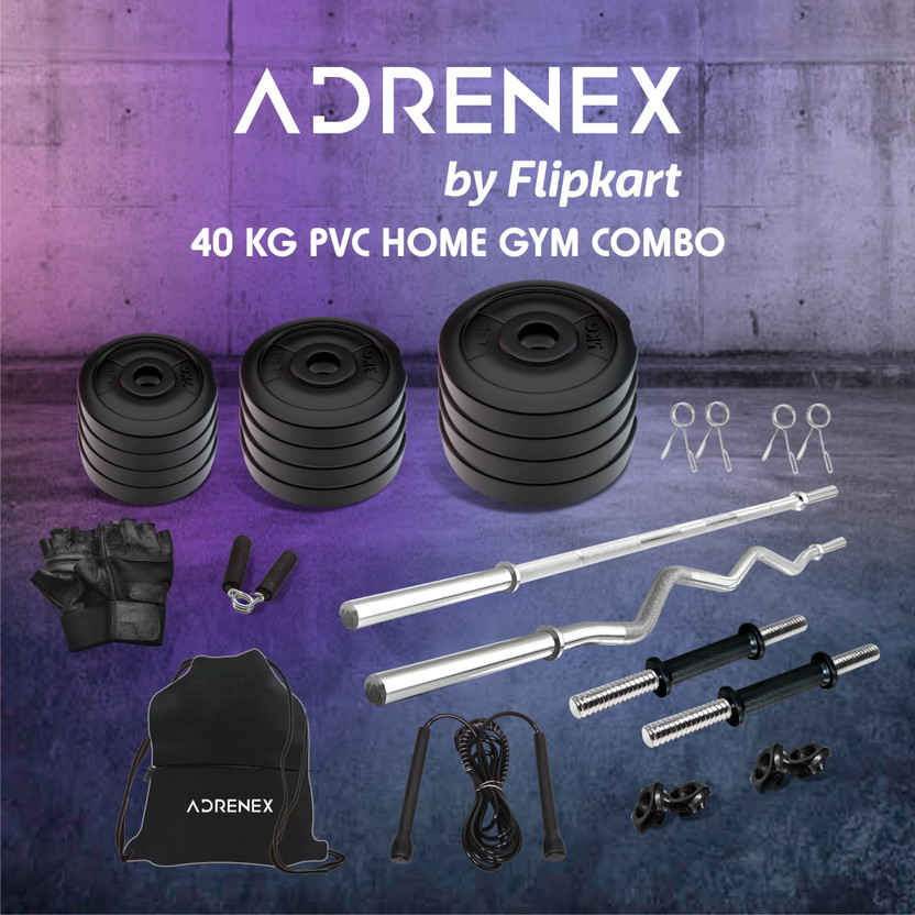 Adrenex 40 kg 40 kg PVC with One 3 Ft Plain & One 3 Ft Curl Rod One Pair Dm Rods, Accessories Home Gym Combo