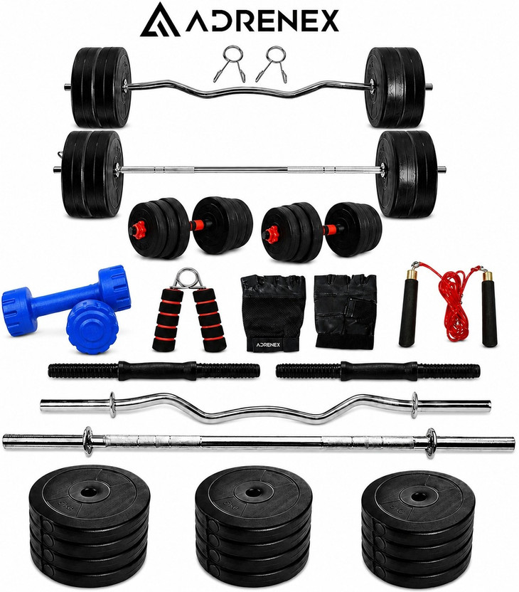Adrenex 40 kg PVC weight with 3ft Curl, 3ft Straight Rod and Accessories Home Gym Combo