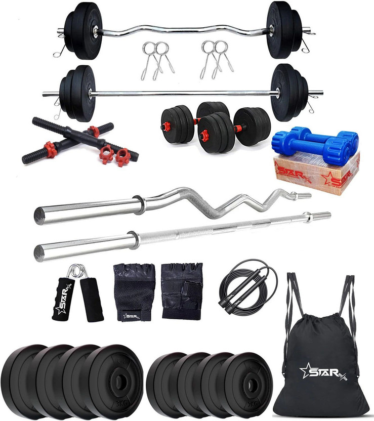 STARX 20 kg PVC weight with 3ft Curl, 3ft Straight Rod and Accessories Home Gym Combo