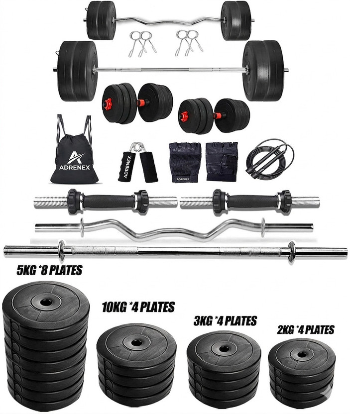 Adrenex 100 kg PVC100kg/5kg*8,10kg*4,3kg*4,2kg*4/3ft,5ft/SRGGHG Home Gym Combo