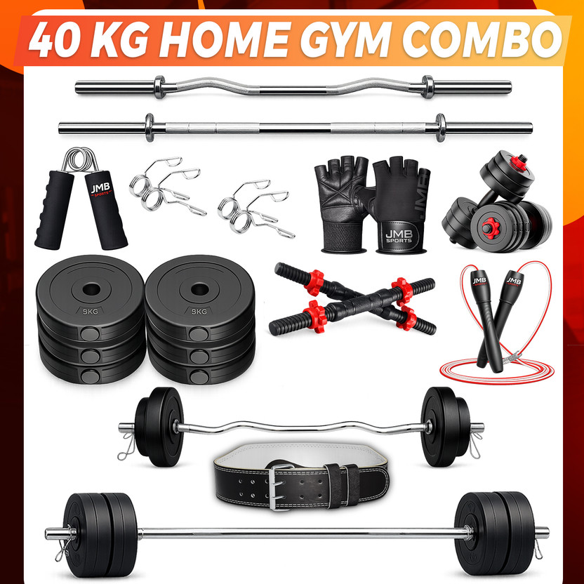 JMB 40 kg 5ft straight rod+3ft curl rod, dumbbell rod,PVC plates,gym belt+accessories Home Gym Combo