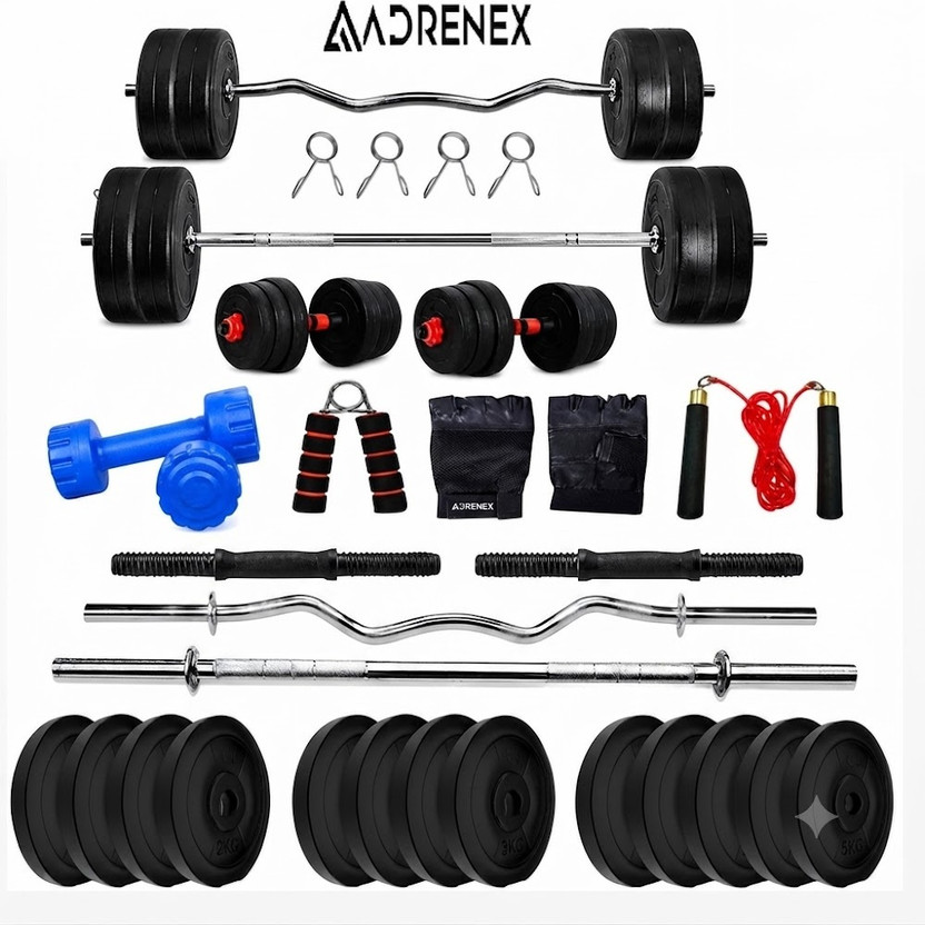 Adrenex 50 kg PVC weight with 3ft Curl, 3ft Straight Rod and Accessories Home Gym Combo