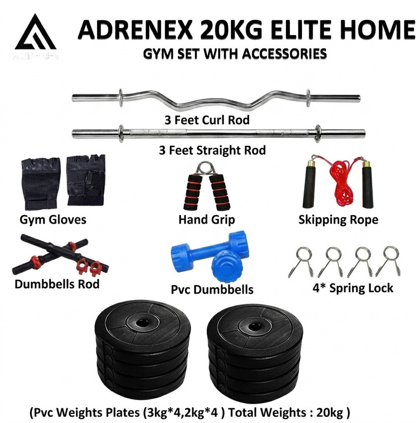 Adrenex 20 kg PVC weight with 3ft Curl, 3ft Straight Rod and Accessories Home Gym Combo