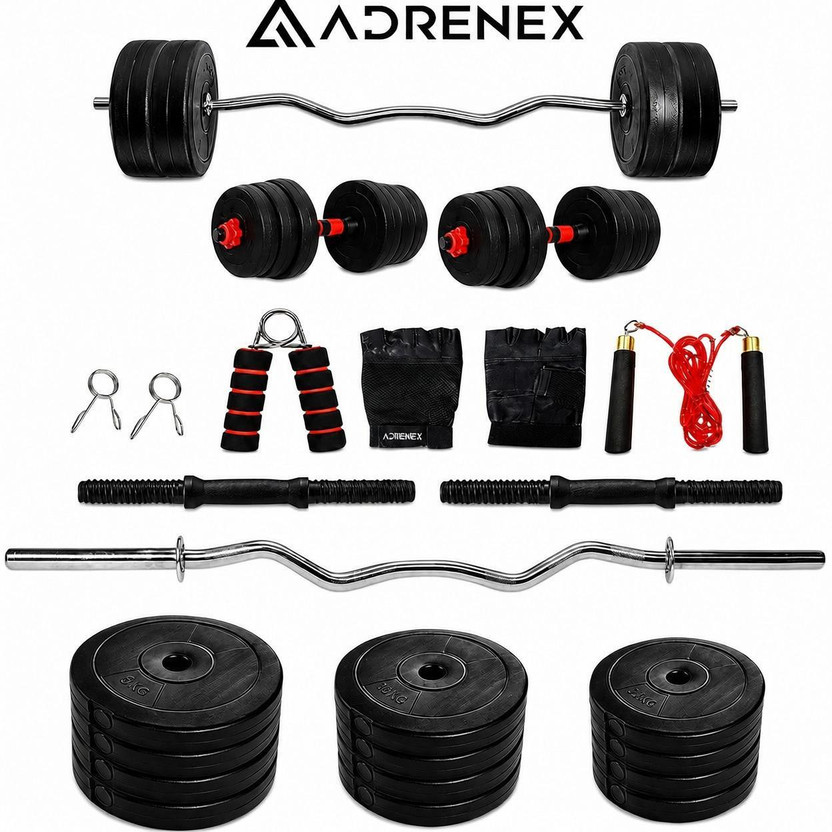 Adrenex 40 kg PVC weight with 3ft Curl Rod and Accessories Home Gym Combo