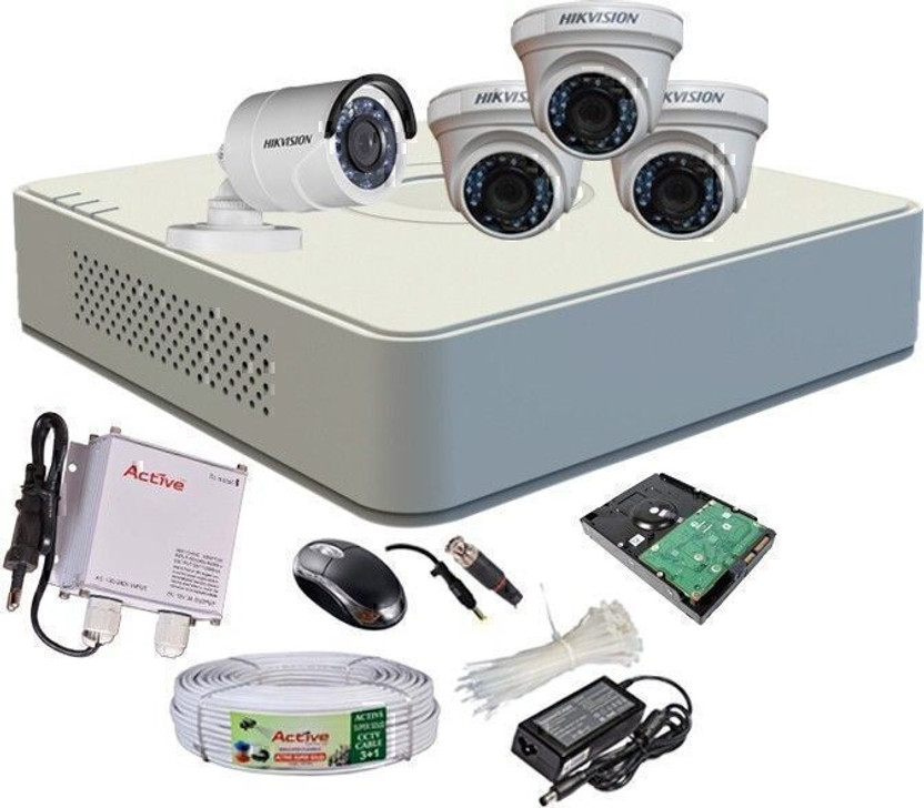 HIKVISION HIKVISION DS-7A04HGHI-F1/N OR DS-7A04HGHI-F1/ECO 4CH 720P RESOLUTION DVR,DS-2CE5ACOT-IRP OR DS-2CE5ACOT-IRP/ECO DOME CAMERA 03PCS,DS-2CE1ACOT-IRP OR DS-2CE1ACOT-IRP/ECO BULLET CAMERA 01PCS,500 GB SATA HARD DISK,COMBO KIT. Security Camera(500 GB, 4 Channel)