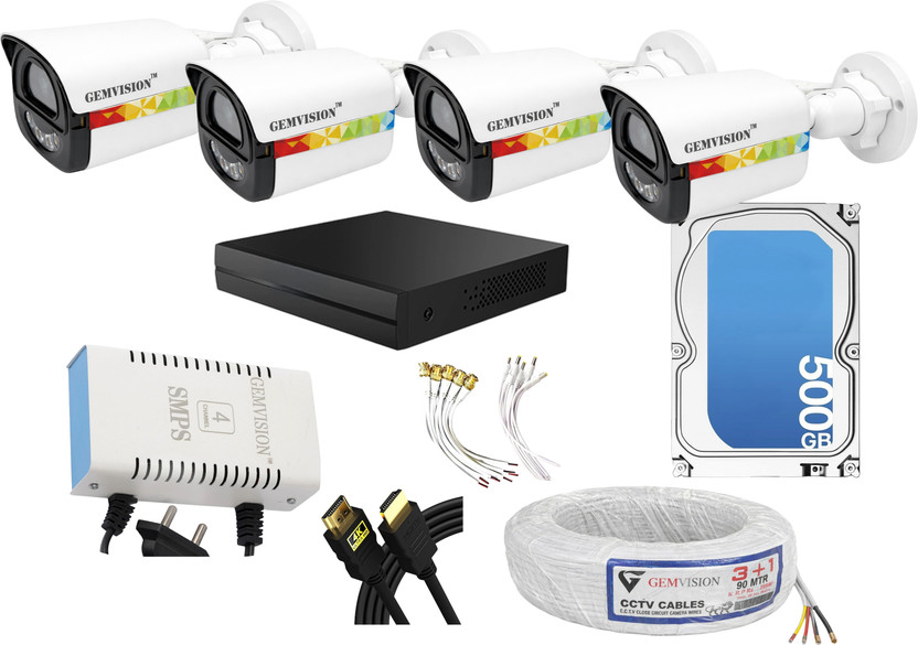 GEM VISION 3MP Color Night Vision CCTV Camera Kit 4 Bullet Cam 4CH DVR 500GB HDD Set Security Camera(500 GB, 4 Channel)