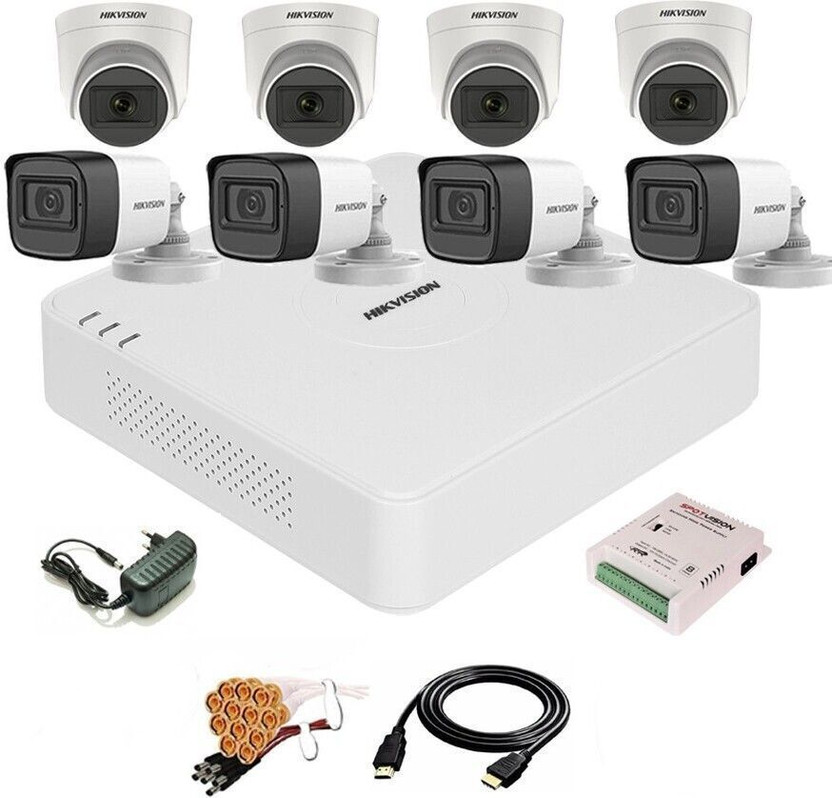 HIKVISION 8 Channal Turbo HD H.265 DVR 1Pcs,Outdoor Camera 5 MP Turbo HD AUDIO 4Pcs,Indoor Camera 5 MP Turbo HD AUDIO 4Pcs,Power Supply 1Pcs ,Full combo set Security Camera(8 Channel)