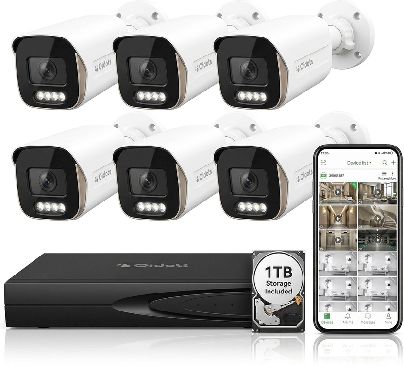 Qidots 6 Channel 8MP 4K CCTV Camera Set ColourVu IP Bullet Cameras NVR with POE switch Security Camera(1 TB, 6 Channel)