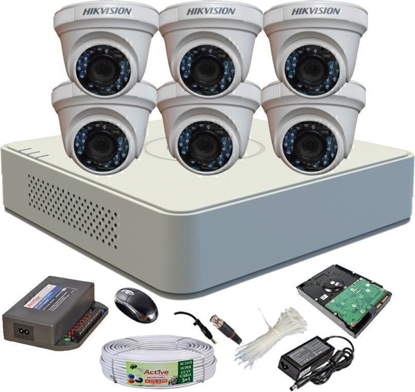HIKVISION HDTVI Full Combo, DS-2CE56COT-IRF Dome Camera 6Pcs + Active Cable + 1TB HDD + F1 Mini DVR Security Camera(1 TB, 8 Channel)
