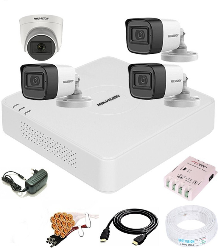 HIKVISION 4 Channal Turbo HD H.265 DVR 1Pcs,Outdoor Camera 5 MP Turbo HD AUDIO 3Pcs,Indoor Camera 5 MP Turbo HD AUDIO 1Pcs, ,Full combo set Security Camera(4 Channel)