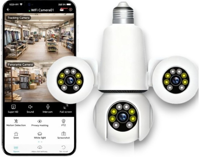 OSQD Triple Lens WiFi CCTV Bulb Camera 360° Rotation Mobile Monitoring Security Camera(128 GB, 1 Channel)