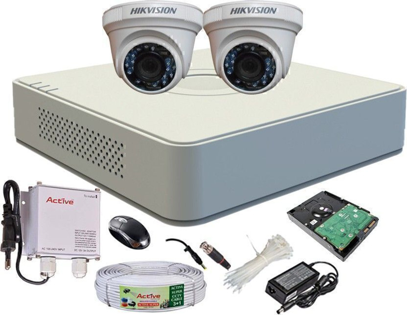 HIKVISION HD Full Combo, DS-2CE56C2T-IRB Dome Camera 2Pcs + Active Cable + 500GB HDD + HD Mini DVR Security Camera(500 GB, 4 Channel)