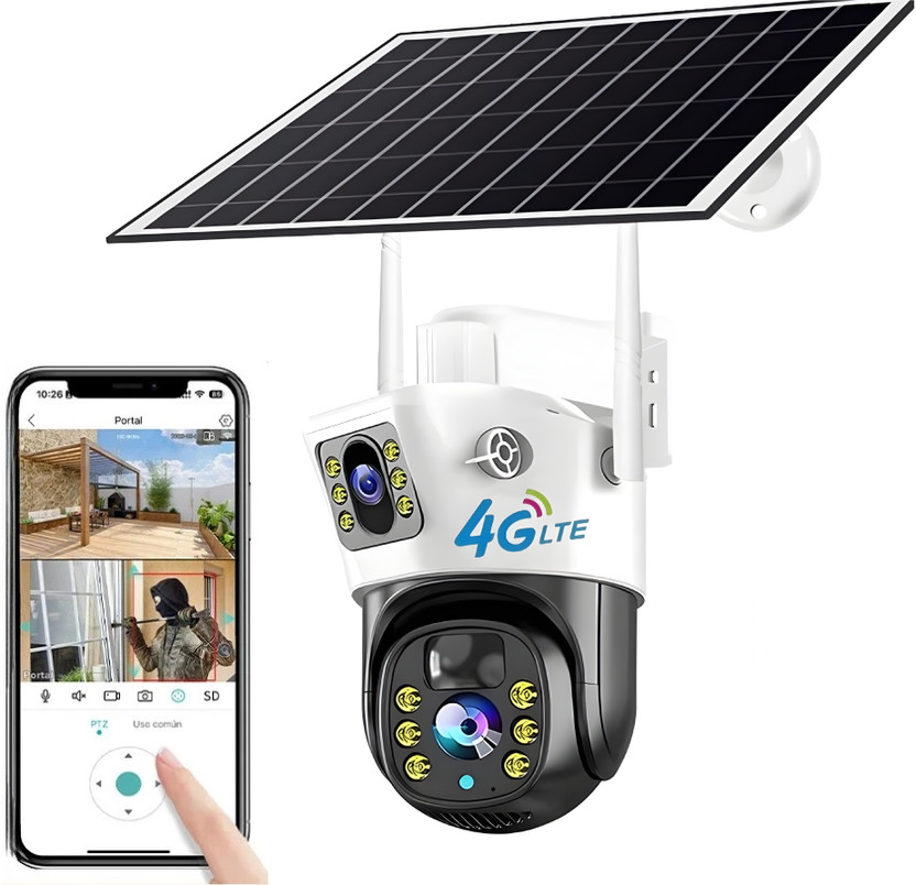 SIOVS Solar Wireless 4K HD Camera 4G SIM dual lens ptz 360° Smart Night CCTV System Security Camera(256 GB, 1 Channel)