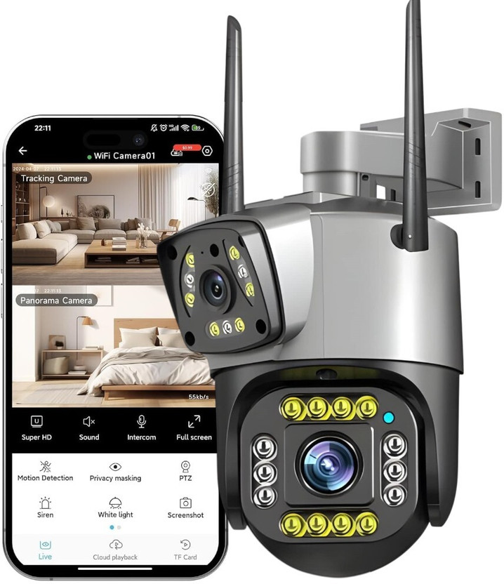 SIOVS CCTV WIFI Dual Lens HD Camera Ptz 360 Mobile System with Night Vision 2way Audio Security Camera(128 GB, 1 Channel)