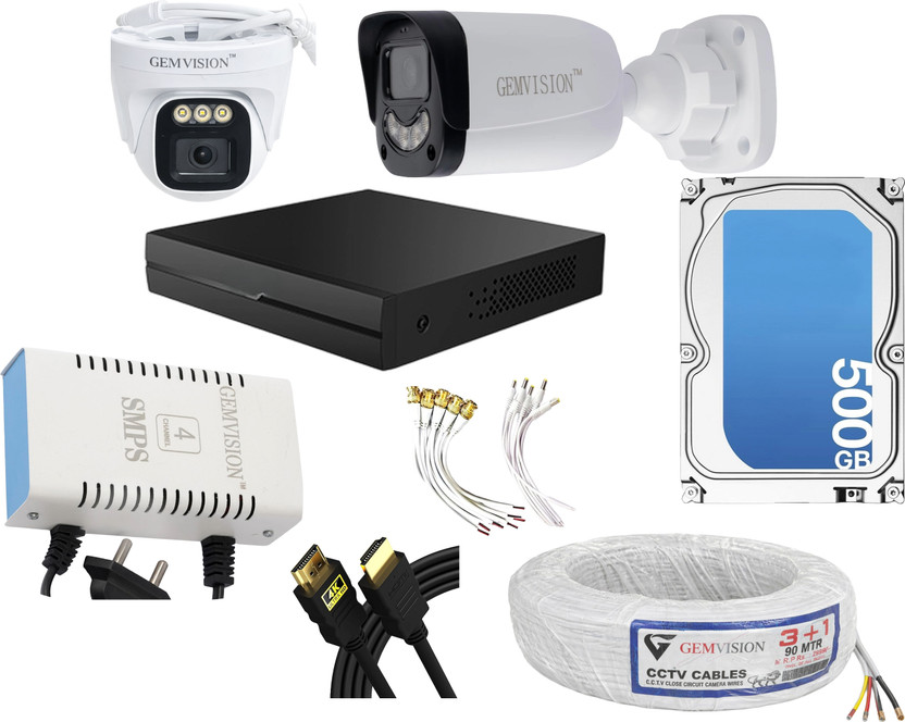 GEM VISION 4 Channel 3MP Color Night Vision CCTV Camera System with Audio 1 Bullet 1 Dome Security Camera(500 GB, 4 Channel)