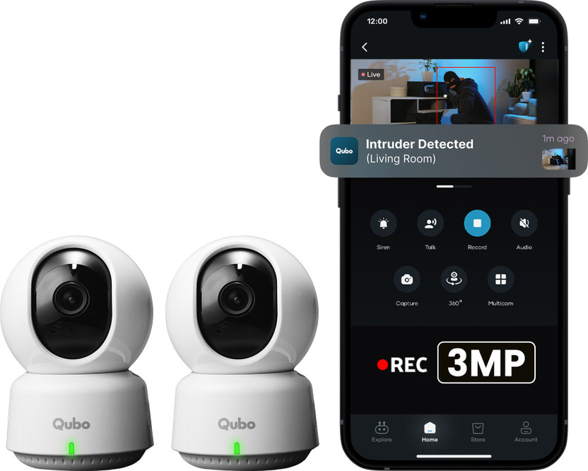 Qubo Smart 360 2K Wi-Fi Camera | 3MP [Pack of 2]|AI Alerts|Alarm| Cloud+SD Storage Security Camera(2 Channel)