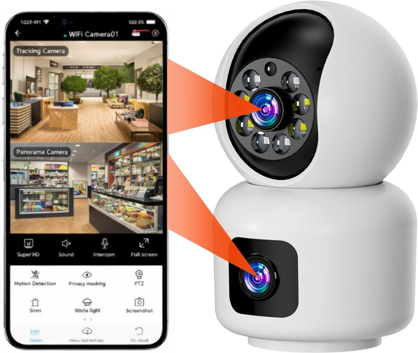 Bzrqx WiFi IP Camera System Auto Tracking DUAL LENS PTZ 360° Night Vision 2way Audio Security Camera(128 GB, 1 Channel)