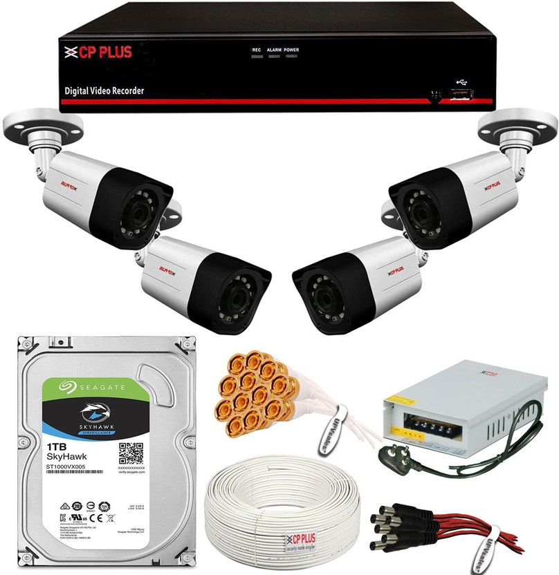 CP PLUS 4 Channel CCTV DVR With 4 Camera Full Set (CP Plus 4Channel DVR With 4 Outdoor 1.3MP Bullet Camera, Power Supply, 90 Meter Copper Cable, Seagate 1TB Hard Drive, UPVsales Connectors & Cables) Full Set Security Camera(1 TB, 4 Channel)