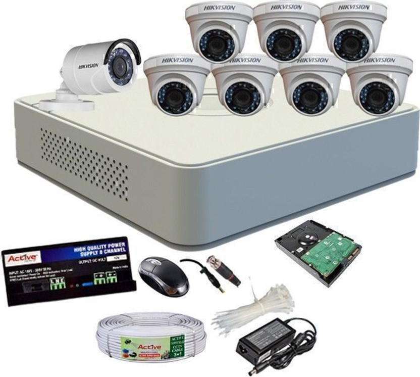 HIKVISION HIKVISION 1MP 8CH DVR DS-7A08HGHI-F1/N OR DS-7A08HGHI-F1/ECO 1PCS AND DOME CAMERA 1MP DS-2CE5ACOT -IRP OR DS-2CE5ACOT-IRP/ECO 07 PCS CAMERA AND BULLET CAMERA 1MPDS-2CE1ACOT-IRP OR DS-2CE1ACOT-IRP /ECO 01PCS CAMERA WITH 90 METAR CABLE 1TB SATA HDD COMBO KIT Security Camera(1 TB, 8 Channel)