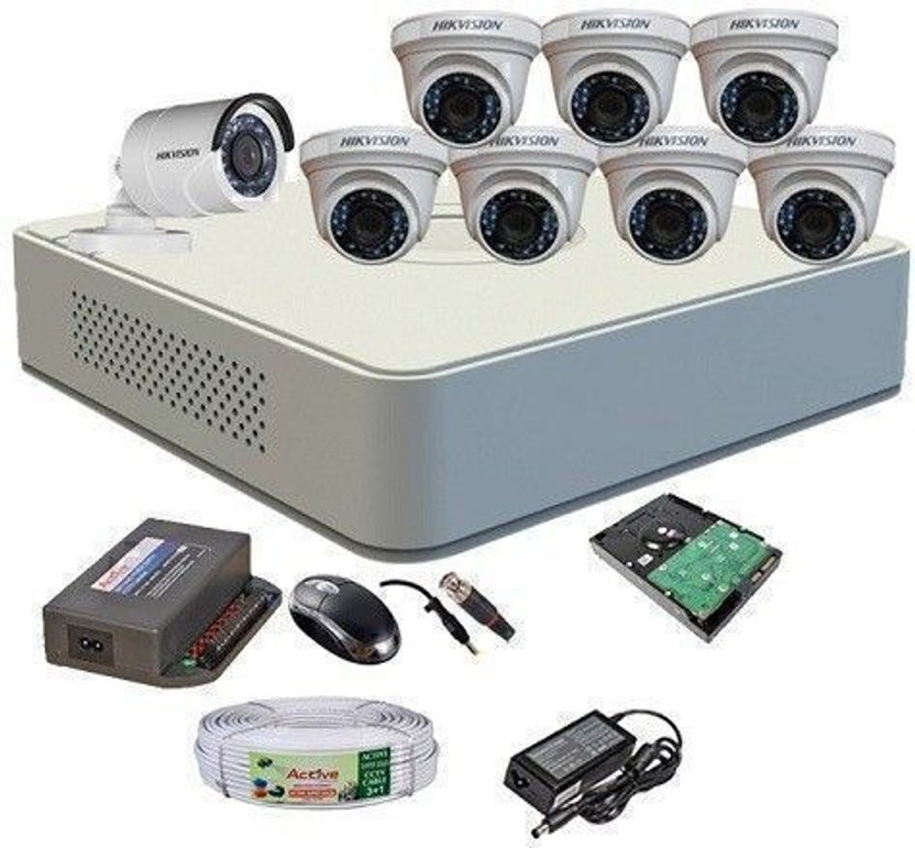HIKVISION HIKVISION DVR DS-7A08HGHI-F1/N OR DS-7A08HGHI-F1/ECO 1PCS DOME CAMERA DS-2CE5ACOT-IRP OR DS-2CE5ACOT-IRP/ECO 07PCS AND BULLET CAMERA DS-2CE1ACOT-IRP OR DS-1ACOT-IRP/ECO 1PCS 90 METAR CABLE 1TD SATA HDD COMBO KIT Security Camera(1 TB, 8 Channel)