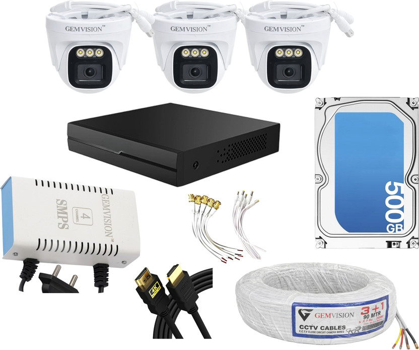 GEM VISION 3 MP ColorVu Audio 3 Dome CCTV Camera Kit with 4CH DVR 500GB HDD And Accessories Security Camera(500 GB, 3 Channel)