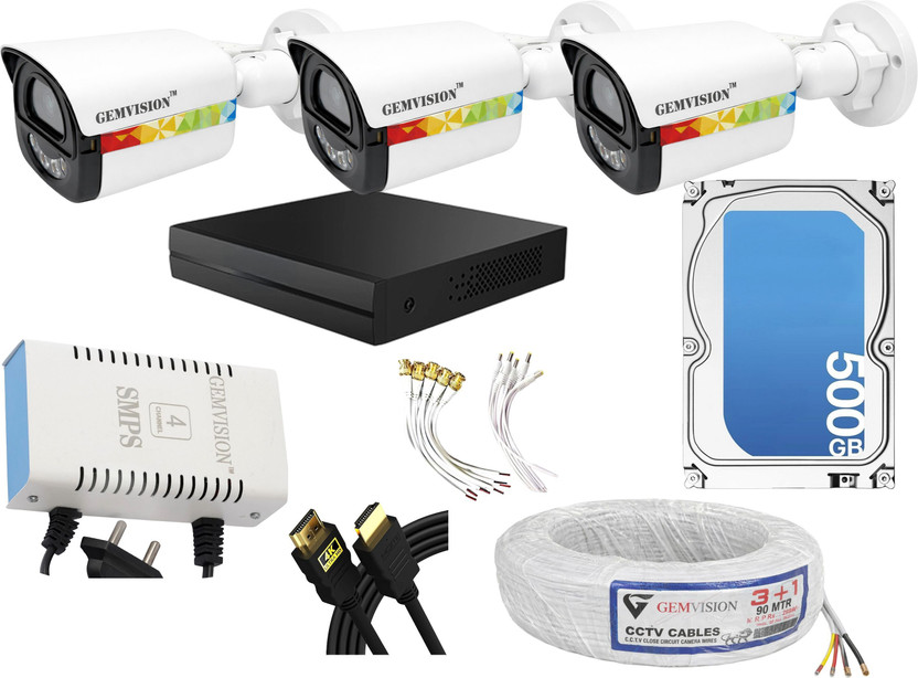 GEM VISION 3MP Color Night Vision CCTV Camera Kit 3 Outdoor Camera color Vu With Audio Security Camera(500 GB, 4 Channel)