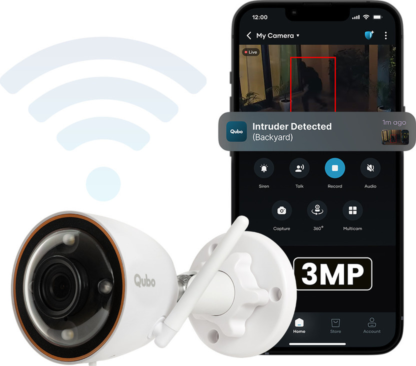 Qubo Smart 2K WiFi Bullet Cam|3MP|AI Alert, Alarm, Spotlight|Color Night Vision Security Camera(1 Channel)