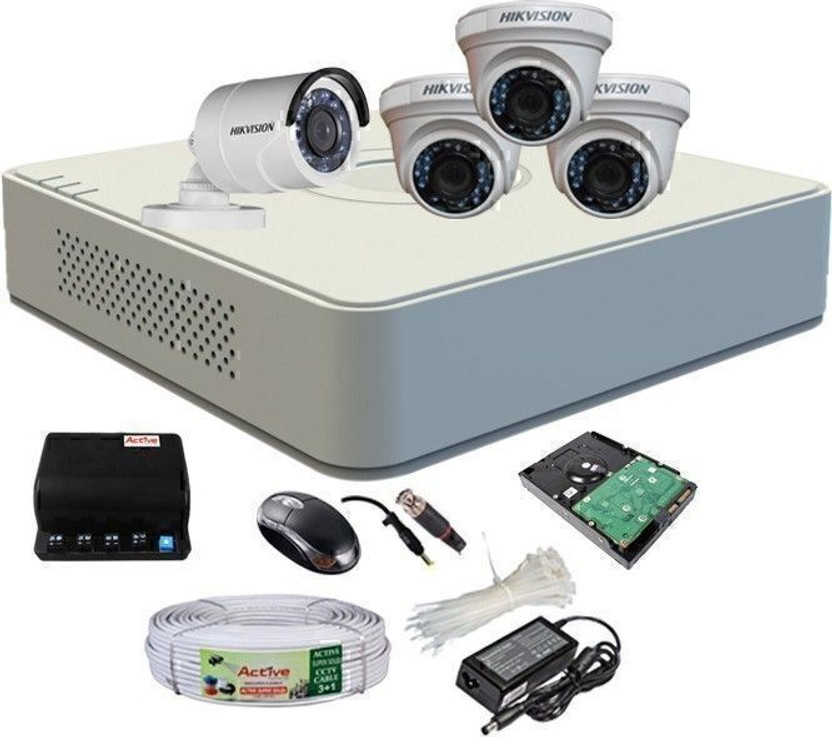 HIKVISION HIKVISION 1MP 4CH DVR DS-7A04HGHI-F1/N OR DS-7A04HGHI-F1/ECO 1PCS AMD DOME CAMERA 1MP DS-2CE5ACOT-IRP OR DS-2CE5ACOT-IRP/ECO 03PCS CAMERA AND BULLET CAMERA 1MP DS-2CE1ACOT-IRP OR DS-2CE1ACOT-IRP/ECO 01PCS CAMERA WITH 90 METRA CABLE 1TB SATA HDD COMBO KIT Security Camera(1 TB, 4 Channel)
