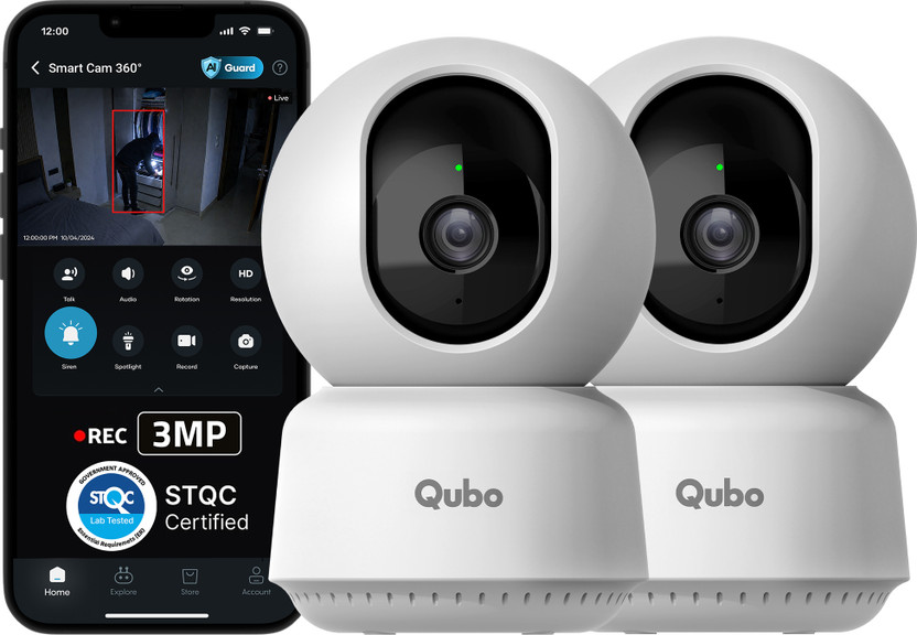 Qubo Qubo Smart 360 degree 2K|3MP(Pack of 2)|AI App Alerts|Alarm|Cloud+SD Storage|Wi-Fi Security Camera(2 Channel) - Flipkart Deal