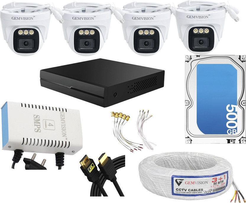 GEM VISION 3 MP ColorVu Audio 4 Dome CCTV Camera Kit with 4CH DVR 500GB HDD And Accessories Security Camera(500 GB, 4 Channel)