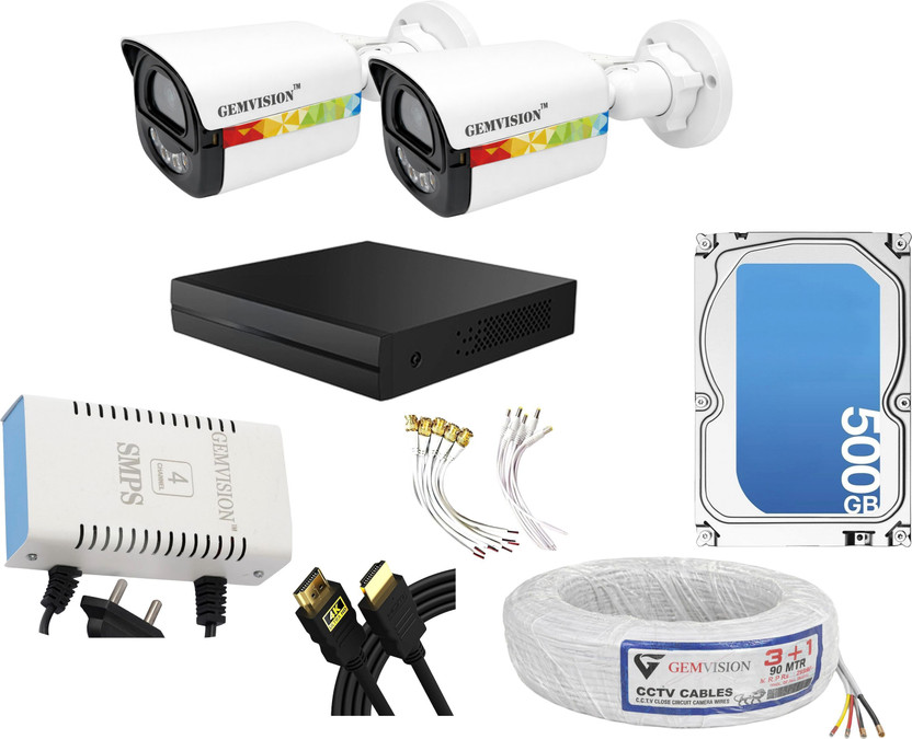 GEM VISION 3MP Color Night Vision CCTV Camera Kit 2 Outdoor Camera color Vu With Audio Security Camera(500 GB, 4 Channel)