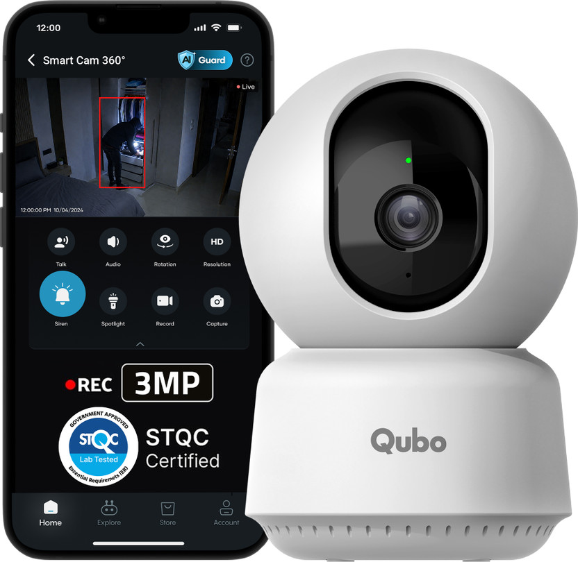 Qubo Smart 360 degree 2K|3MP(2026 Edition)|AI App Alerts|Alarm|Cloud+SD Storage|Wi-Fi Security Camera(2 Channel)