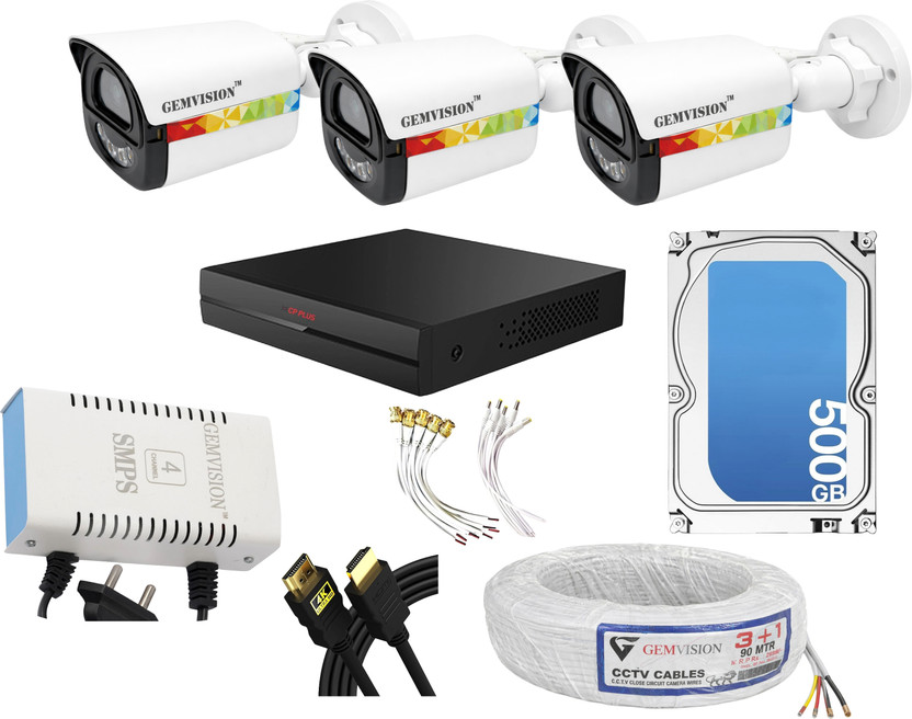 CP PLUS 3MP Color Night Vision CCTV Camera Kit 3 Outdoor Camera color Vu With Audio Security Camera(500 GB, 4 Channel)
