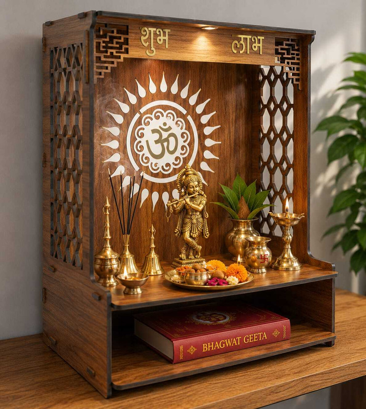 Gojeeva Engineered Wooden LED Temple Handcrafted Design Pooja Mandir for Home & Office Engineered Wood Home Temple(Height: 37.5, DIY(Do-It-Yourself))