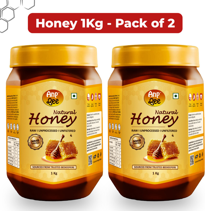 ANP BEE Raw Unpasteurized Pure Honey 1 KG (Pack of 2) | NMR Tested I Unfiltered Honey(2 x 1 kg)