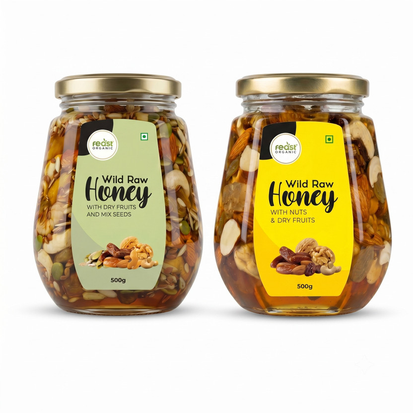 Feast Organic Wild Honey with Dry Fruits & Mix Seeds & With Mixed Nuts Combo | Pure & Natural(2 x 500 g)