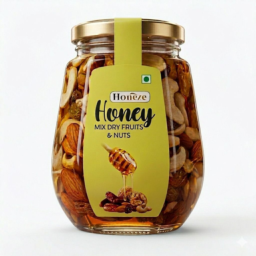Honeze Pure Honey with Mixed Dry Fruits 500g Almond Cashew Walnut Dates Energy Booster(500 g)