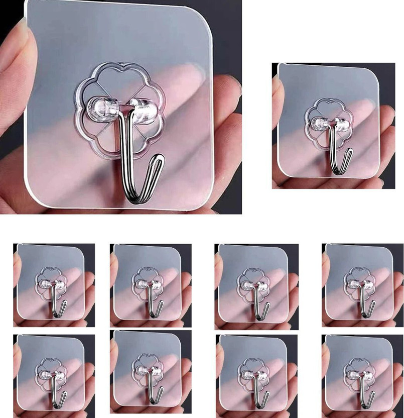 HOMEAKER Transparent Heavy Duty Self-Adhesive Hooks, Waterproof No Drill, Stick-On Hooks Hook 10(Pack of 10)