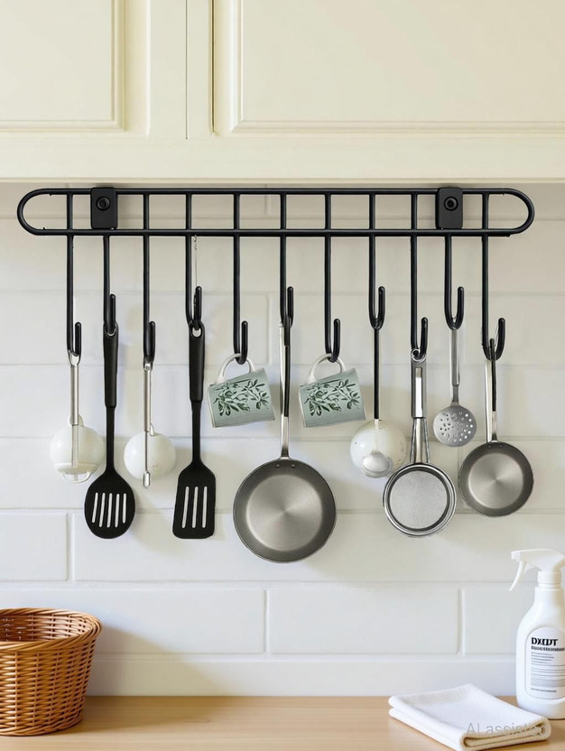 DXDT Steel Cloth Hanger for Wall with( 11 Hooks)Door Hooks/Kitchen Utensil Hanger Hook Rail 11(Pack of 1)
