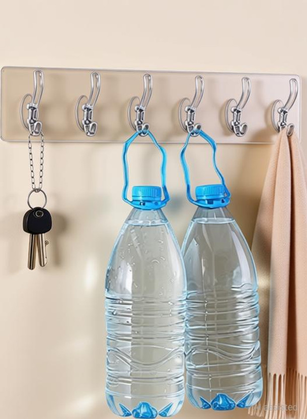 PAGALY Waterproof and Oil Proof Heavy Duty Self Adhesive No Drills Wall Bathroom Towel Hanger Weight Load Capacity-10 Kg Hook 6(Pack of 1)