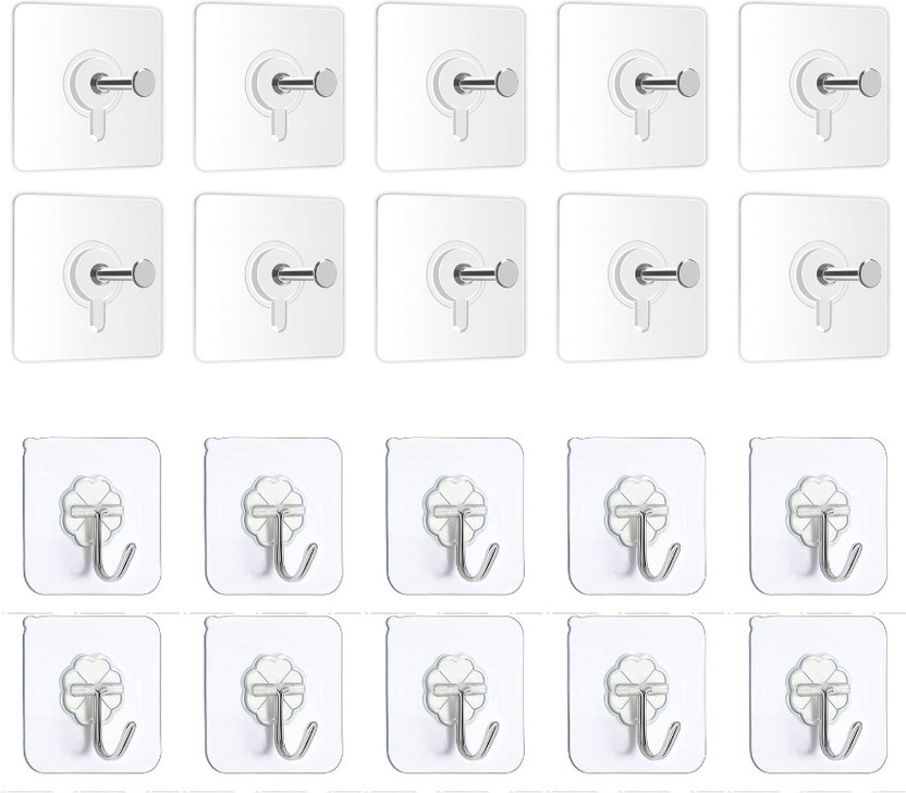 KASHIVAL Self Adhesive Wall Hooks Pack of 20 (10 Flat + 10 Hanging) Hook 20(Pack of 20)