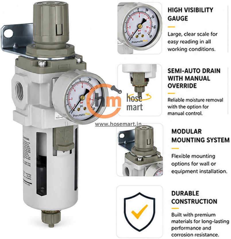 HOSEMART Pneumatic FR Unit 1/2 Inch Compressor Air Filter Regulator Pr. Gauge Hose Connector